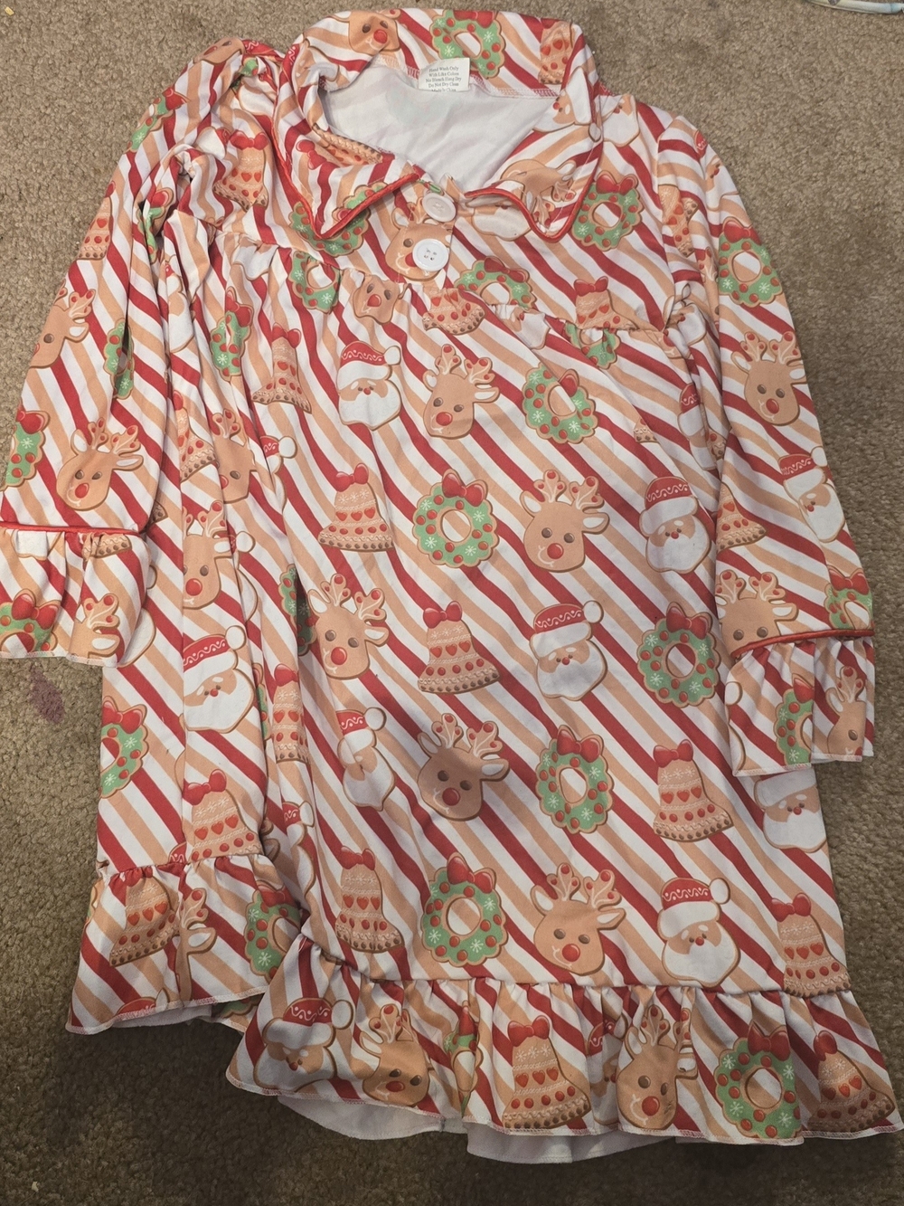 Festive Kids Ruffle Holiday Nightgown - Red, Green & Cream Reindeer Print